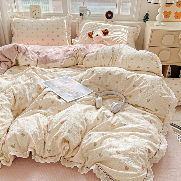 91家纺网 家纺一手货源 找家纺 恋之语 2025新款云感木棉皱皱双层纱全棉花边四件套单被套 心动