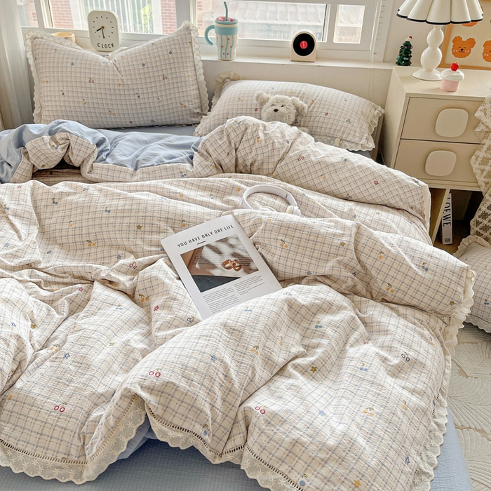 91家纺网 家纺一手货源 找家纺 恋之语 2025新款云感木棉皱皱双层纱全棉花边四件套单被套 遇见