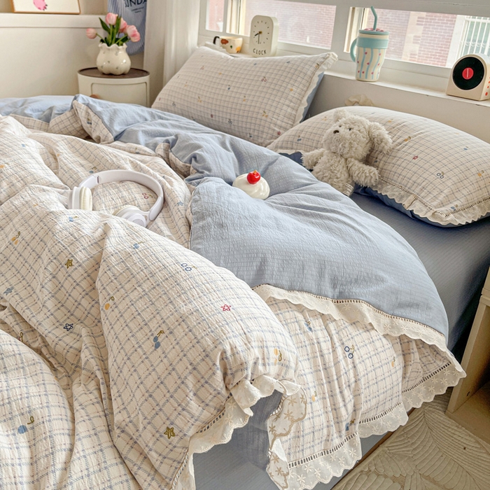 91家纺网 家纺一手货源 找家纺 恋之语 2025新款云感木棉皱皱双层纱全棉花边四件套单被套 遇见