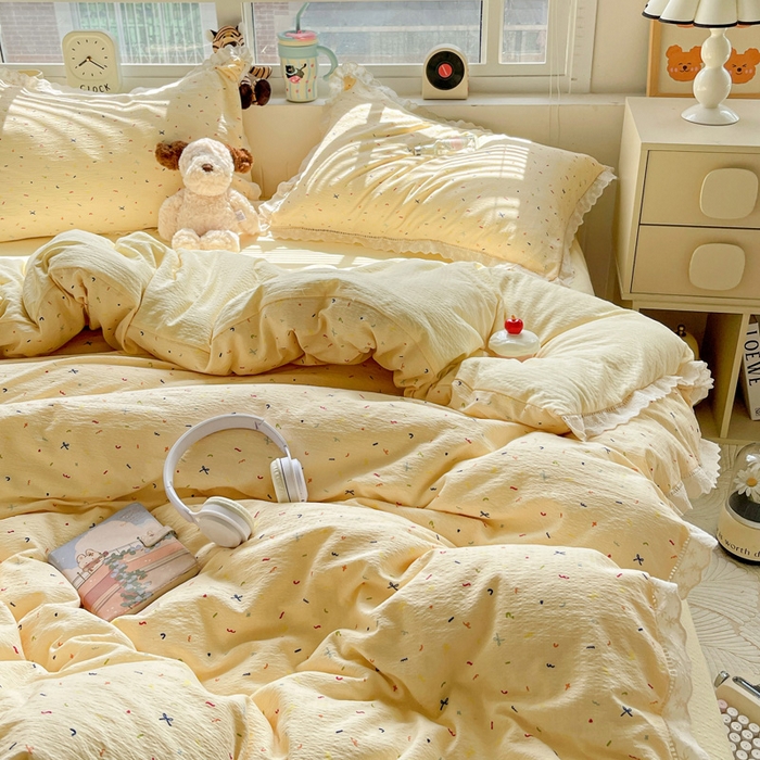 91家纺网 家纺一手货源 找家纺 恋之语 2025新款云感木棉皱皱双层纱全棉花边四件套单被套 芝士奶酪