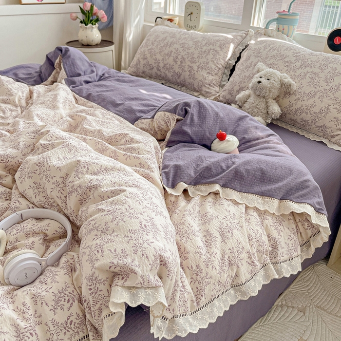 91家纺网 家纺一手货源 找家纺 恋之语 2025新款云感木棉皱皱双层纱全棉花边四件套单被套 紫苏