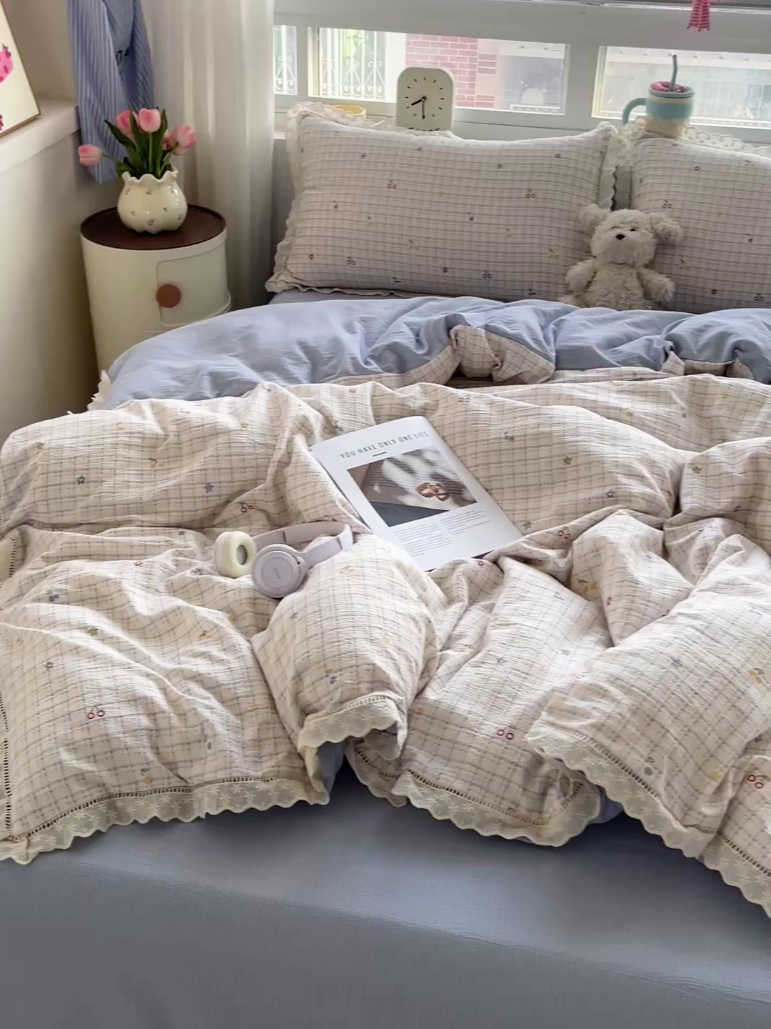 91家纺网 家纺一手货源 找家纺 恋之语 2025新款云感木棉皱皱双层纱全棉花边四件套单被套 遇见