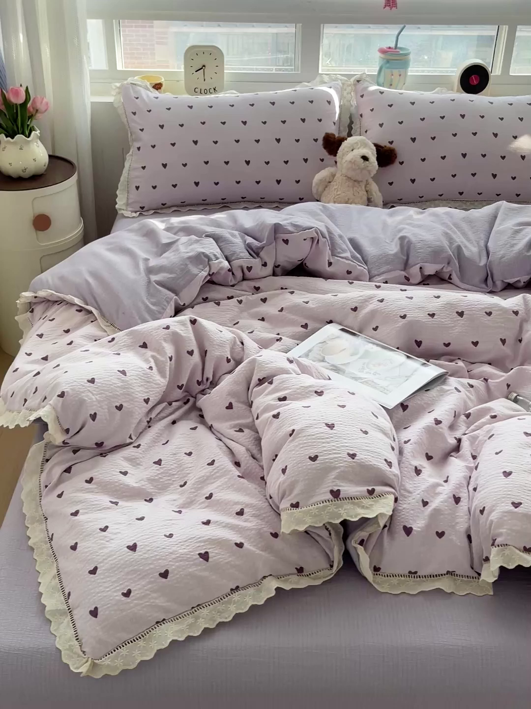 91家纺网 家纺一手货源 找家纺 恋之语 2025新款云感木棉皱皱双层纱全棉花边四件套单被套 紫爱心
