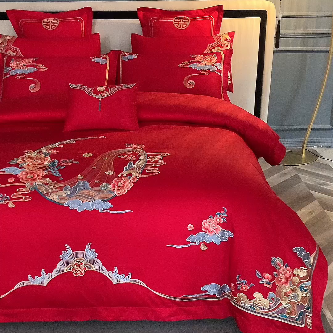91家纺网 家纺一手货源 找家纺 博之洋婚庆 2025新款全棉新中式刺绣款婚庆四件套多件套 爱的宣言
