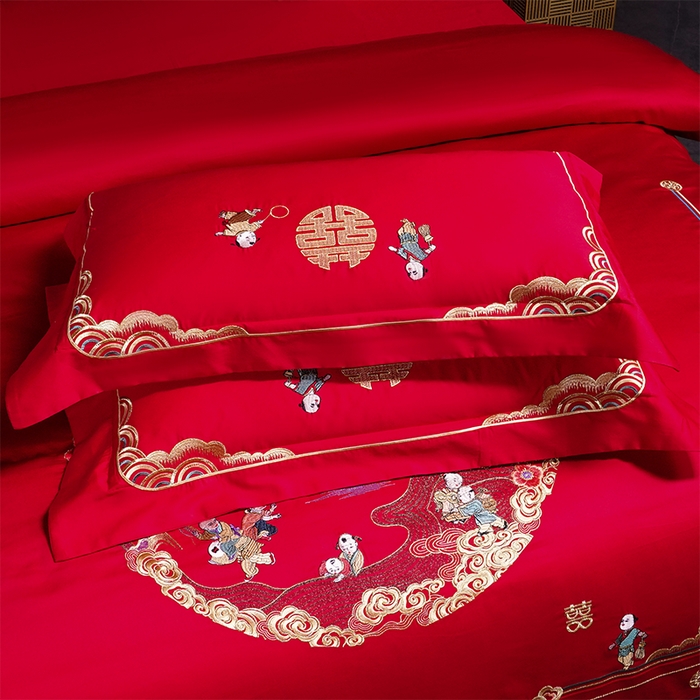 91家纺网 家纺一手货源 找家纺 博之洋婚庆 2025新款全棉新中式刺绣款婚庆四件套多件套 百子百福