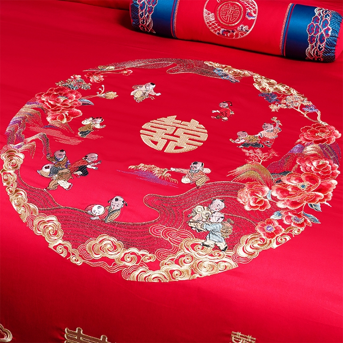 91家纺网 家纺一手货源 找家纺 博之洋婚庆 2025新款全棉新中式刺绣款婚庆四件套多件套 百子百福