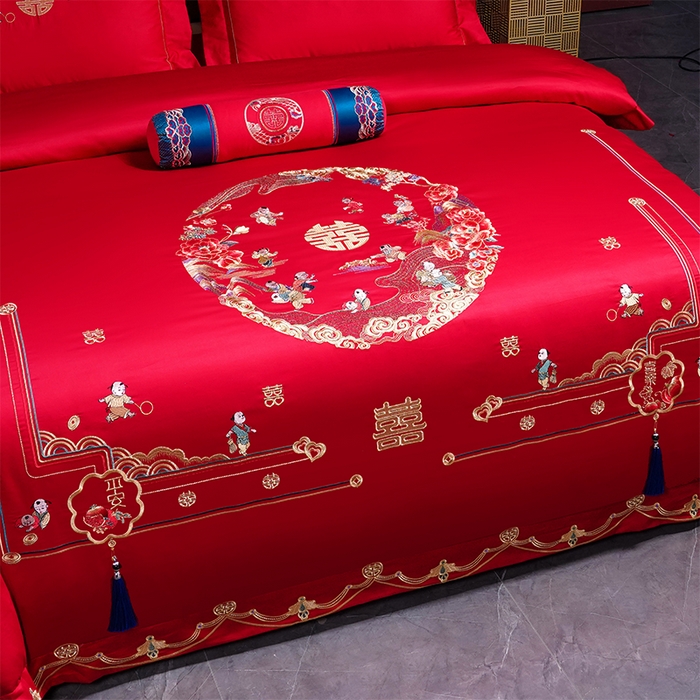 91家纺网 家纺一手货源 找家纺 博之洋婚庆 2025新款全棉新中式刺绣款婚庆四件套多件套 百子百福