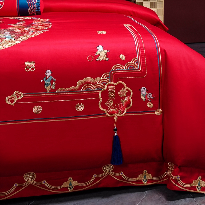 91家纺网 家纺一手货源 找家纺 博之洋婚庆 2025新款全棉新中式刺绣款婚庆四件套多件套 百子百福