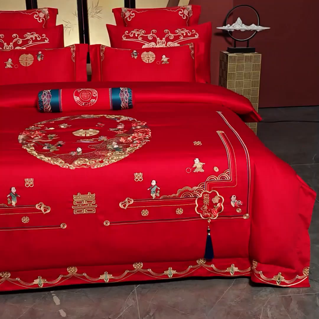 91家纺网 家纺一手货源 找家纺 博之洋婚庆 2025新款全棉新中式刺绣款婚庆四件套多件套 百子百福