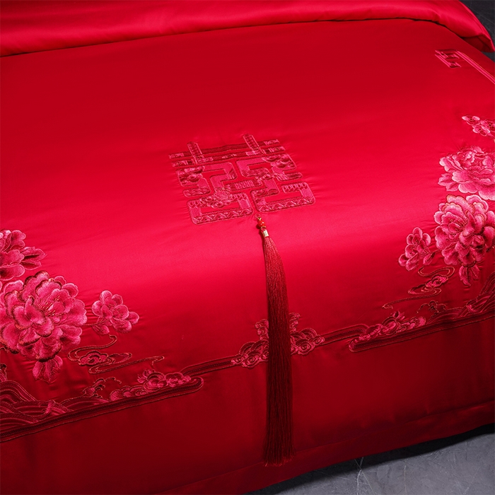 91家纺网 家纺一手货源 找家纺 博之洋婚庆 2025新款全棉新中式刺绣款婚庆四件套多件套 富贵牡丹-红