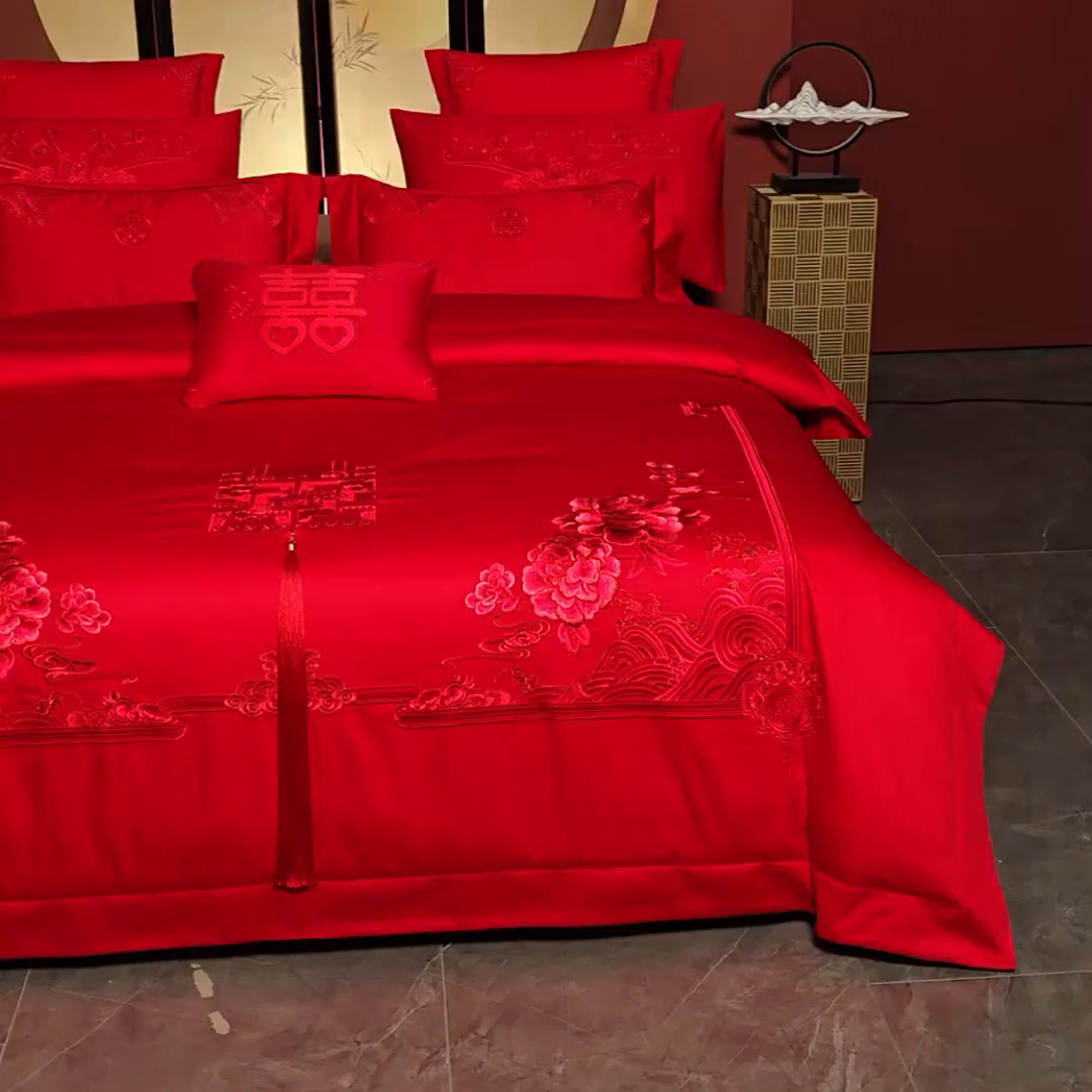 91家纺网 家纺一手货源 找家纺 博之洋婚庆 2025新款全棉新中式刺绣款婚庆四件套多件套 富贵牡丹-红