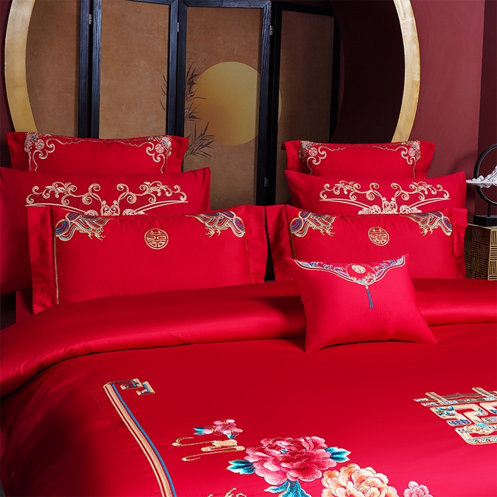 91家纺网 家纺一手货源 找家纺 博之洋婚庆 2025新款全棉新中式刺绣款婚庆四件套多件套 富贵牡丹-金
