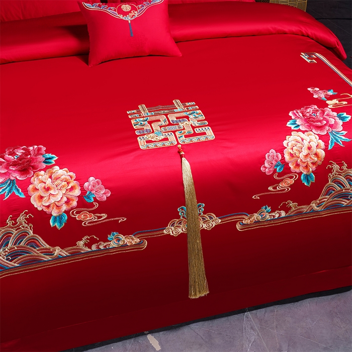 91家纺网 家纺一手货源 找家纺 博之洋婚庆 2025新款全棉新中式刺绣款婚庆四件套多件套 富贵牡丹-金