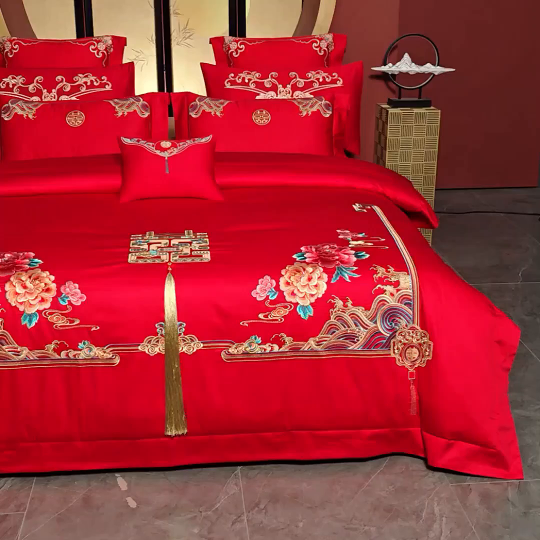 91家纺网 家纺一手货源 找家纺 博之洋婚庆 2025新款全棉新中式刺绣款婚庆四件套多件套 富贵牡丹-金