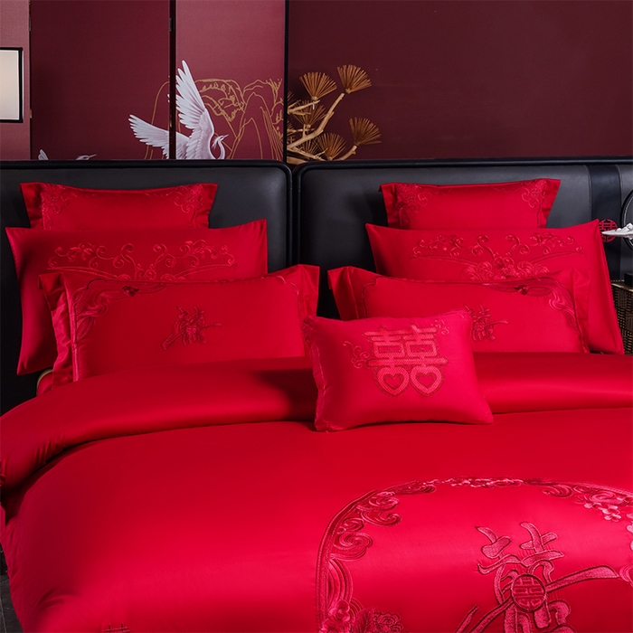 91家纺网 家纺一手货源 找家纺 博之洋婚庆 2025新款全棉新中式刺绣款婚庆四件套多件套 国色芳华