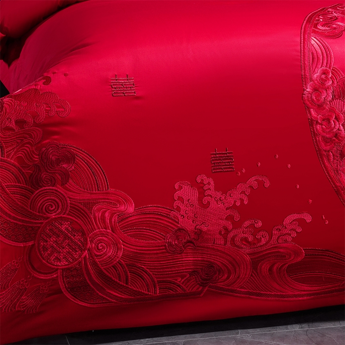 91家纺网 家纺一手货源 找家纺 博之洋婚庆 2025新款全棉新中式刺绣款婚庆四件套多件套 国色芳华