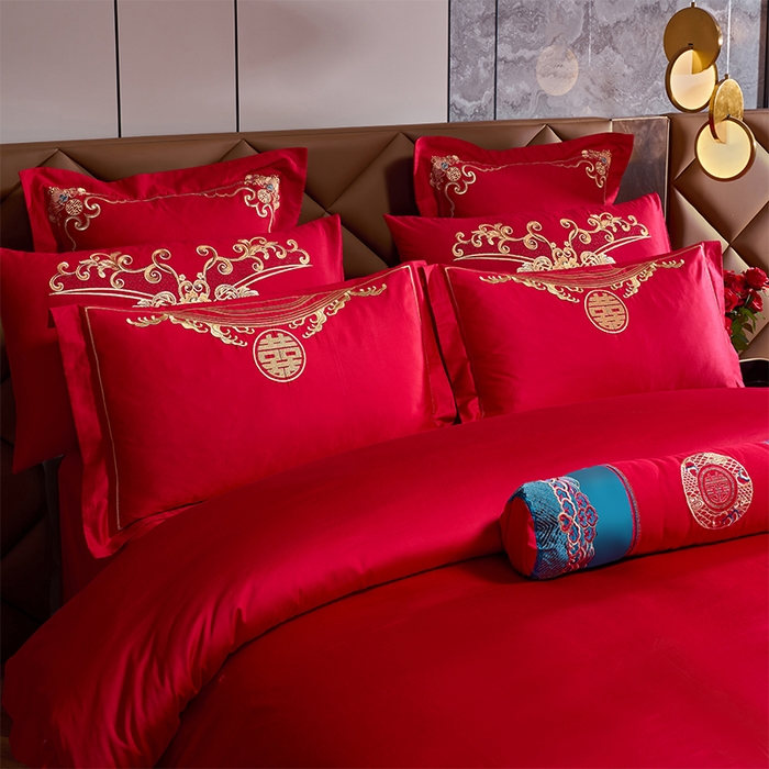 91家纺网 家纺一手货源 找家纺 博之洋婚庆 2025新款全棉新中式刺绣款婚庆四件套多件套 鸿运龙凤