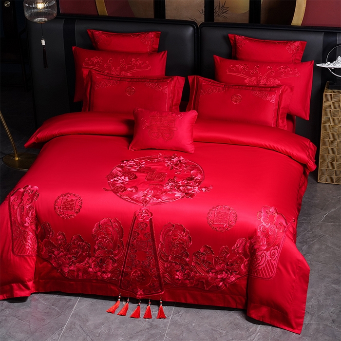 91家纺网 家纺一手货源 找家纺 博之洋婚庆 2025新款全棉新中式刺绣款婚庆四件套多件套 花开浪漫-红