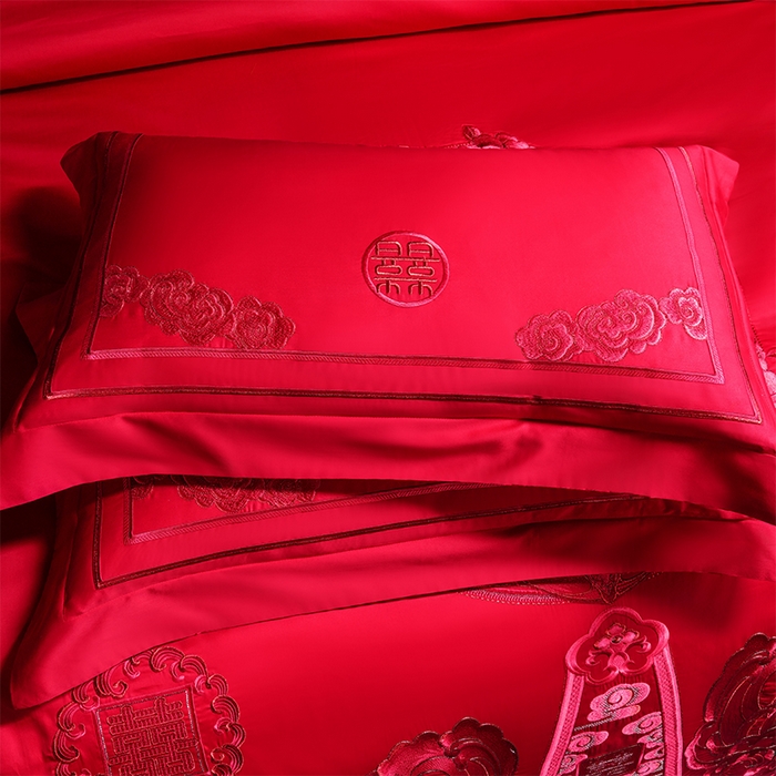 91家纺网 家纺一手货源 找家纺 博之洋婚庆 2025新款全棉新中式刺绣款婚庆四件套多件套 花开浪漫-红