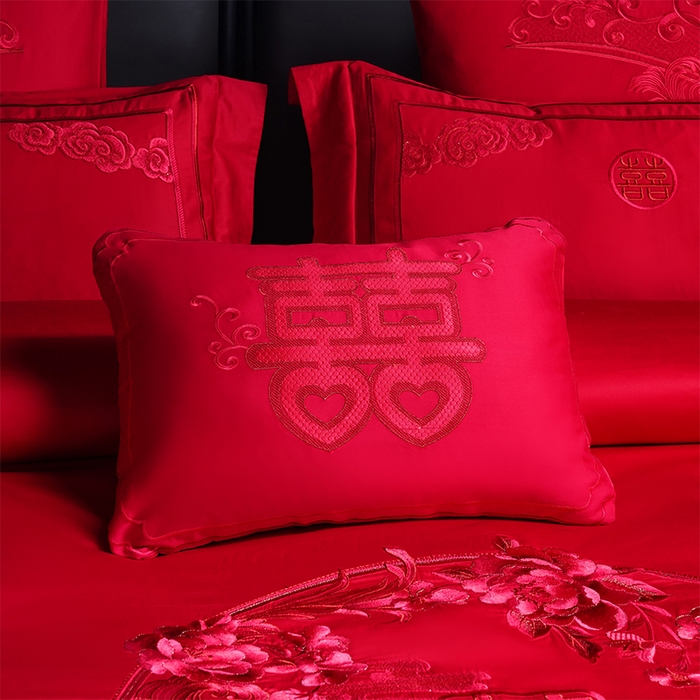 91家纺网 家纺一手货源 找家纺 博之洋婚庆 2025新款全棉新中式刺绣款婚庆四件套多件套 花开浪漫-红