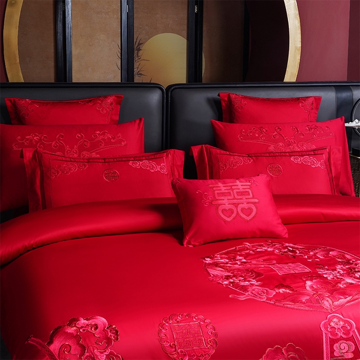 91家纺网 家纺一手货源 找家纺 博之洋婚庆 2025新款全棉新中式刺绣款婚庆四件套多件套 花开浪漫-红