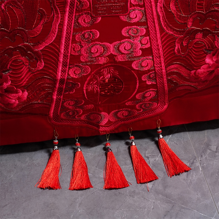 91家纺网 家纺一手货源 找家纺 博之洋婚庆 2025新款全棉新中式刺绣款婚庆四件套多件套 花开浪漫-红