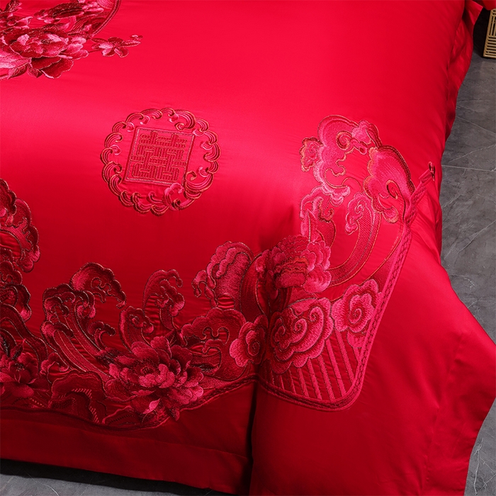 91家纺网 家纺一手货源 找家纺 博之洋婚庆 2025新款全棉新中式刺绣款婚庆四件套多件套 花开浪漫-红