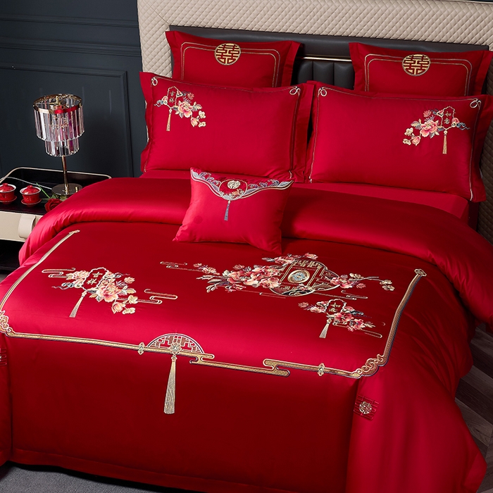 91家纺网 家纺一手货源 找家纺 博之洋婚庆 2025新款全棉新中式刺绣款婚庆四件套多件套 花烛红妆