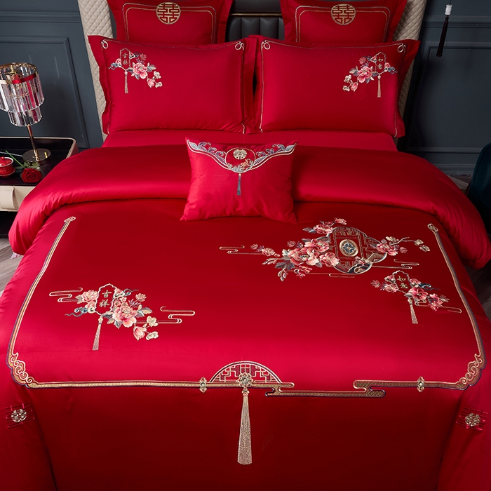 91家纺网 家纺一手货源 找家纺 博之洋婚庆 2025新款全棉新中式刺绣款婚庆四件套多件套 花烛红妆