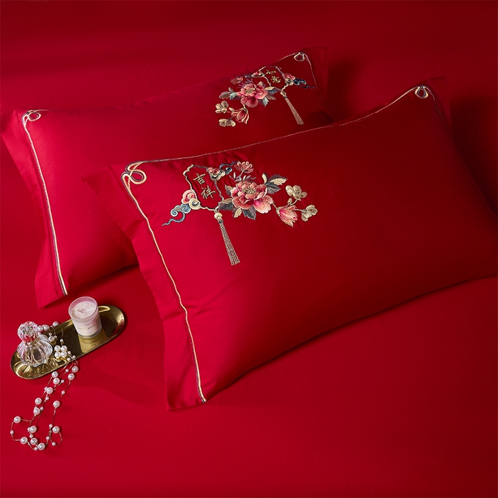 91家纺网 家纺一手货源 找家纺 博之洋婚庆 2025新款全棉新中式刺绣款婚庆四件套多件套 花烛红妆