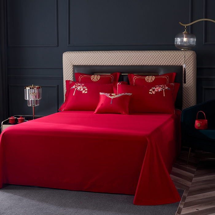 91家纺网 家纺一手货源 找家纺 博之洋婚庆 2025新款全棉新中式刺绣款婚庆四件套多件套 花烛红妆