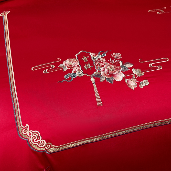 91家纺网 家纺一手货源 找家纺 博之洋婚庆 2025新款全棉新中式刺绣款婚庆四件套多件套 花烛红妆