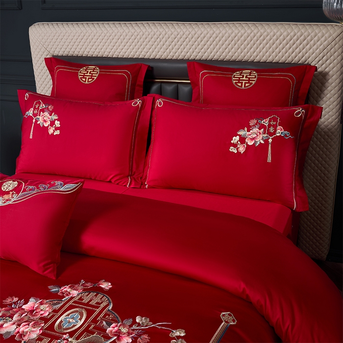 91家纺网 家纺一手货源 找家纺 博之洋婚庆 2025新款全棉新中式刺绣款婚庆四件套多件套 花烛红妆