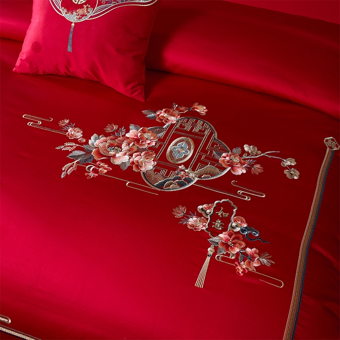 91家纺网 家纺一手货源 找家纺 博之洋婚庆 2025新款全棉新中式刺绣款婚庆四件套多件套 花烛红妆