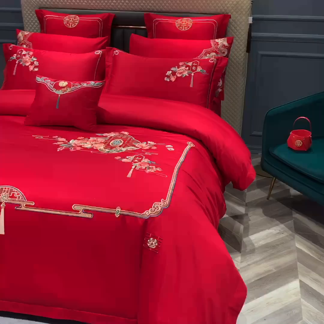 91家纺网 家纺一手货源 找家纺 博之洋婚庆 2025新款全棉新中式刺绣款婚庆四件套多件套 花烛红妆