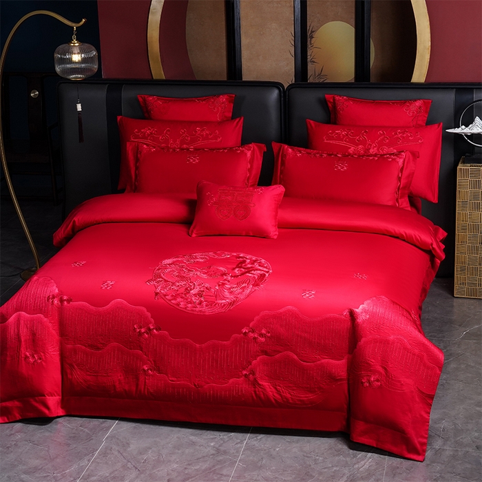 91家纺网 家纺一手货源 找家纺 博之洋婚庆 2025新款全棉新中式刺绣款婚庆四件套多件套 欢喜龙凤-红