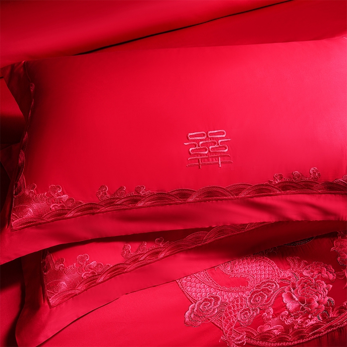 91家纺网 家纺一手货源 找家纺 博之洋婚庆 2025新款全棉新中式刺绣款婚庆四件套多件套 欢喜龙凤-红