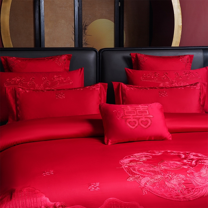 91家纺网 家纺一手货源 找家纺 博之洋婚庆 2025新款全棉新中式刺绣款婚庆四件套多件套 欢喜龙凤-红