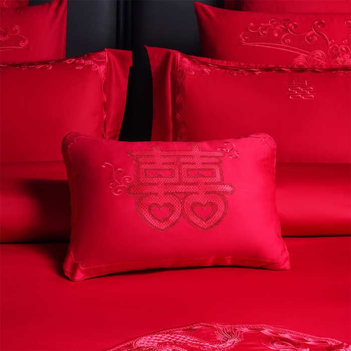 91家纺网 家纺一手货源 找家纺 博之洋婚庆 2025新款全棉新中式刺绣款婚庆四件套多件套 欢喜龙凤-红