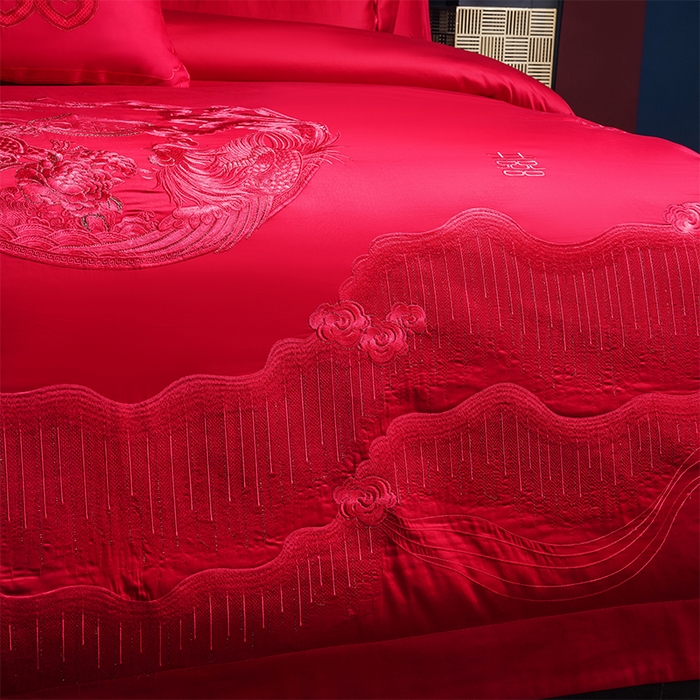 91家纺网 家纺一手货源 找家纺 博之洋婚庆 2025新款全棉新中式刺绣款婚庆四件套多件套 欢喜龙凤-红