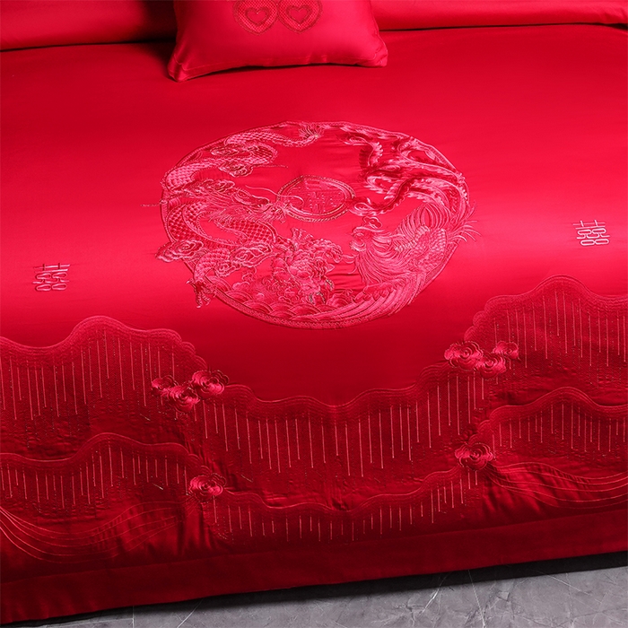 91家纺网 家纺一手货源 找家纺 博之洋婚庆 2025新款全棉新中式刺绣款婚庆四件套多件套 欢喜龙凤-红