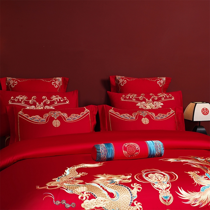 91家纺网 家纺一手货源 找家纺 博之洋婚庆 2025新款全棉新中式刺绣款婚庆四件套多件套 龙凤百年