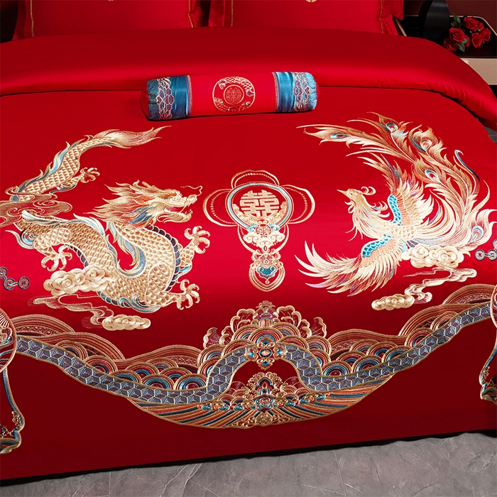 91家纺网 家纺一手货源 找家纺 博之洋婚庆 2025新款全棉新中式刺绣款婚庆四件套多件套 龙凤百年