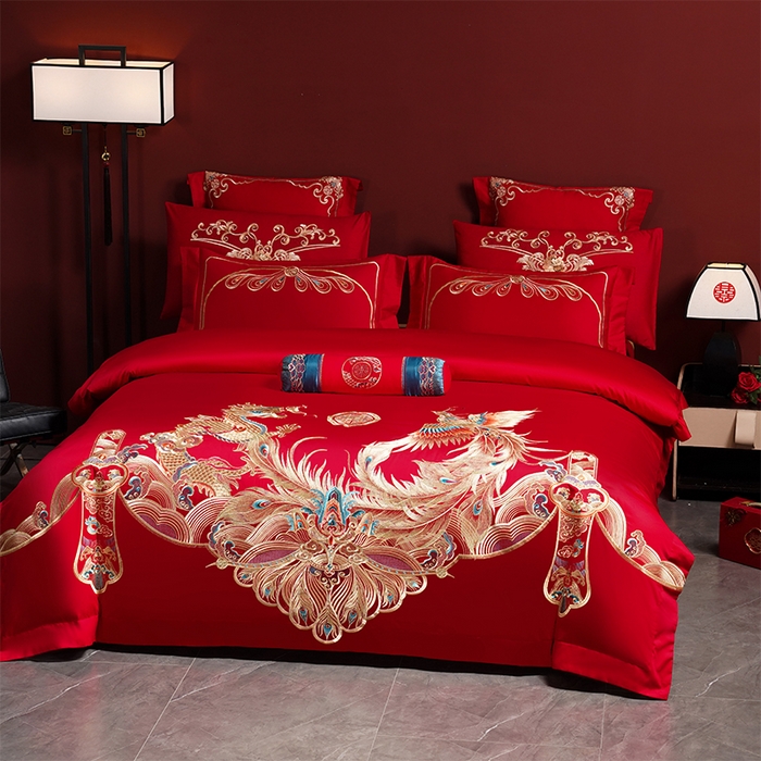 91家纺网 家纺一手货源 找家纺 博之洋婚庆 2025新款全棉新中式刺绣款婚庆四件套多件套 龙凤盛典