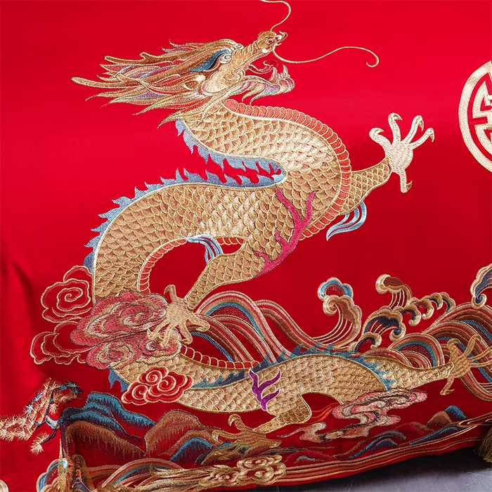 91家纺网 家纺一手货源 找家纺 博之洋婚庆 2025新款全棉新中式刺绣款婚庆四件套多件套 龙凤王朝