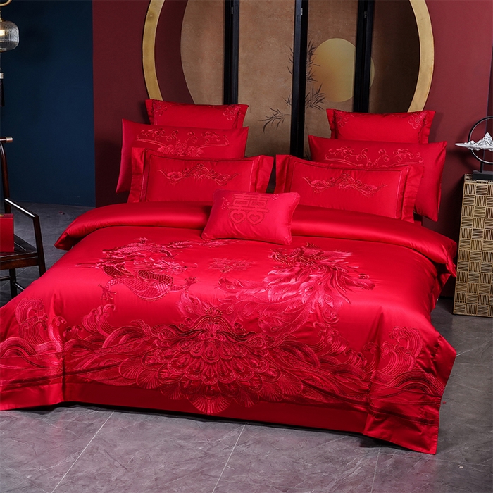 91家纺网 家纺一手货源 找家纺 博之洋婚庆 2025新款全棉新中式刺绣款婚庆四件套多件套 龙凤祥和-红