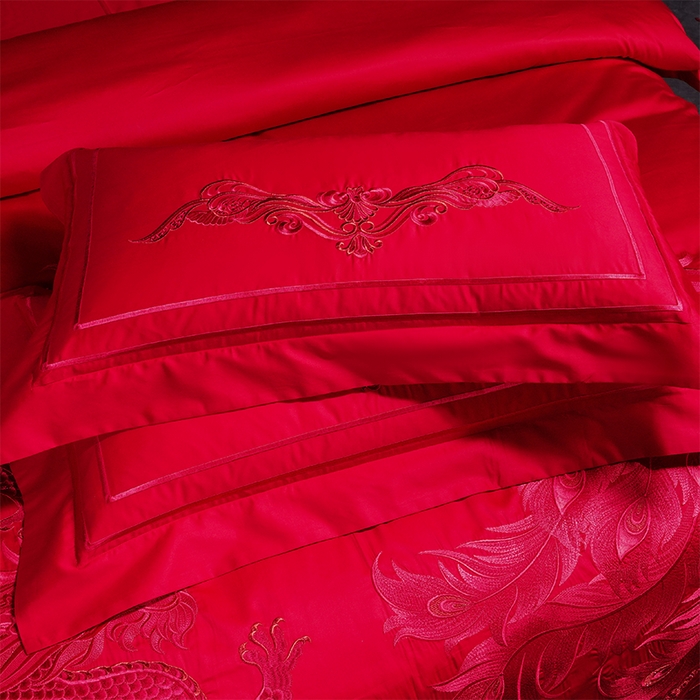 91家纺网 家纺一手货源 找家纺 博之洋婚庆 2025新款全棉新中式刺绣款婚庆四件套多件套 龙凤祥和-红