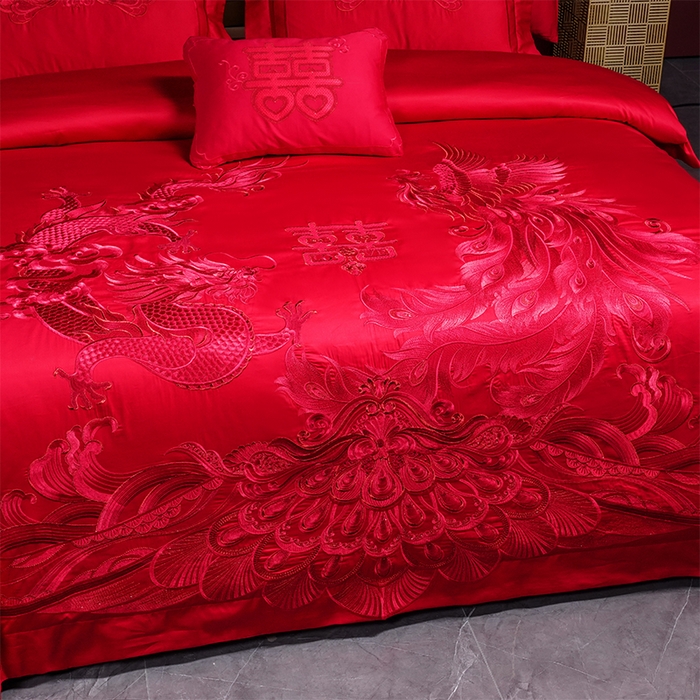 91家纺网 家纺一手货源 找家纺 博之洋婚庆 2025新款全棉新中式刺绣款婚庆四件套多件套 龙凤祥和-红