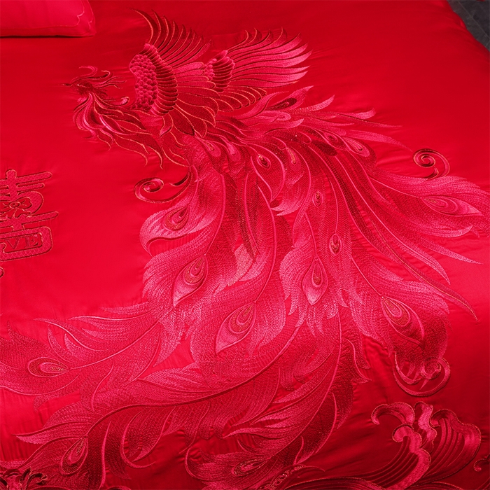 91家纺网 家纺一手货源 找家纺 博之洋婚庆 2025新款全棉新中式刺绣款婚庆四件套多件套 龙凤祥和-红