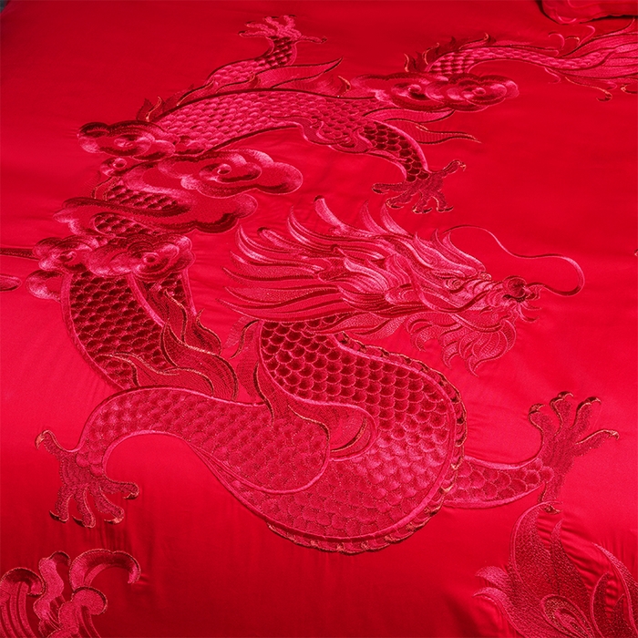 91家纺网 家纺一手货源 找家纺 博之洋婚庆 2025新款全棉新中式刺绣款婚庆四件套多件套 龙凤祥和-红